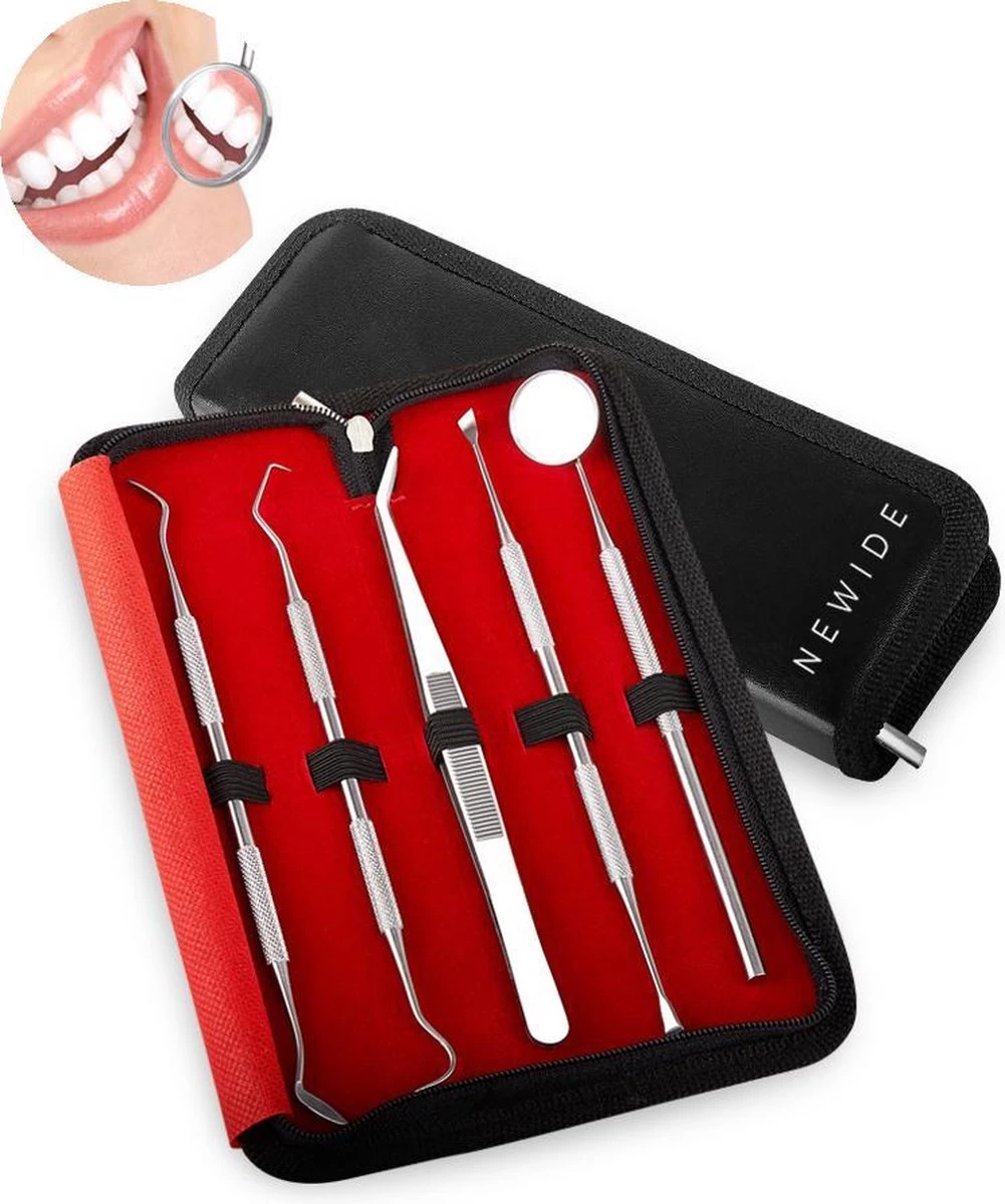 Newide Professionele Tandarts Set Met Luxe Etui – Tandsteen Verwijderaar – RVS Tandarts Setje – Tandenstokers – Tandartshaakje – Tand Verzorging Gereedschap Set – Tandplak Verwijderaar