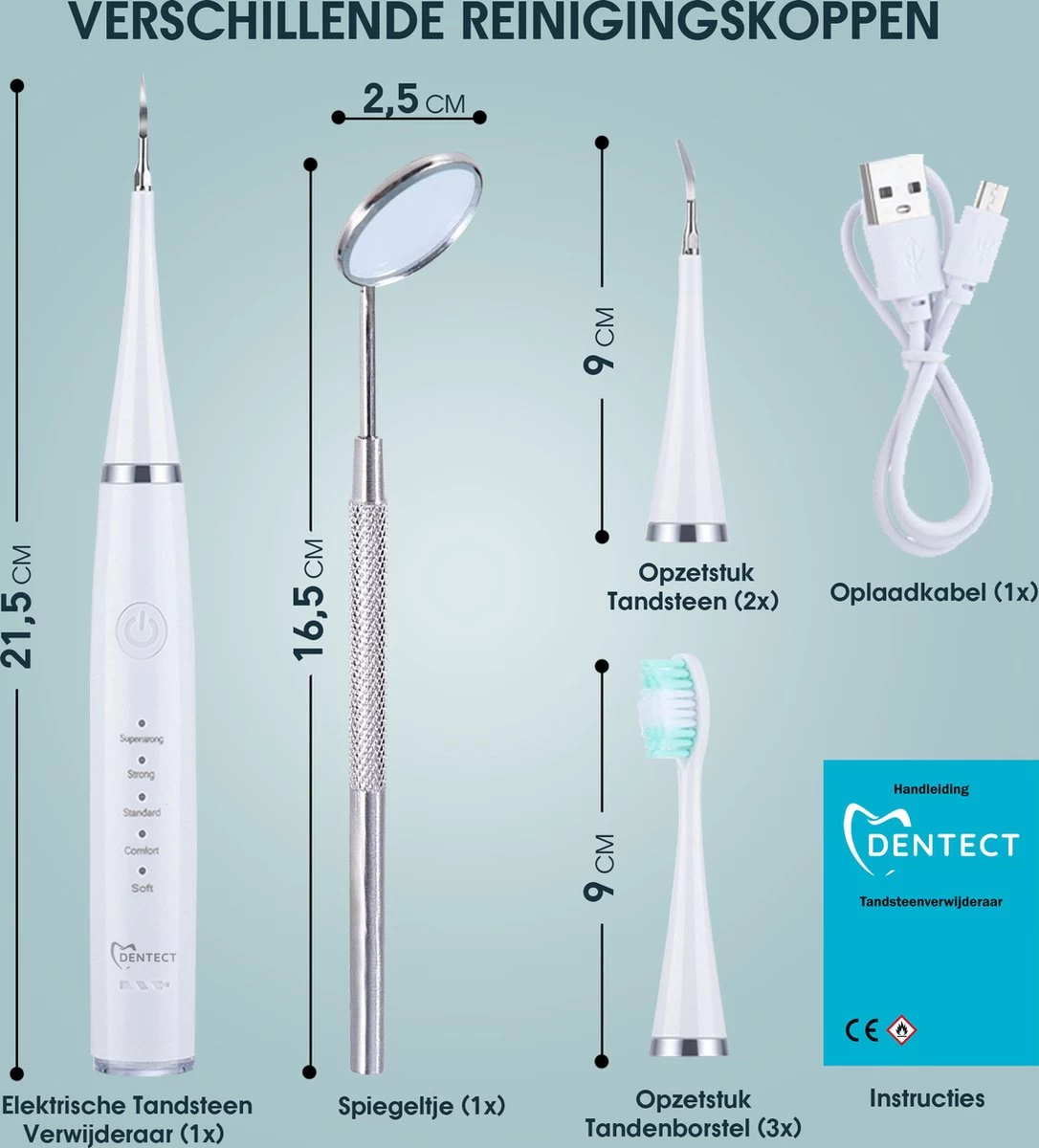 Merkloos Tandsteen Verwijderaar Elektrisch – Tandenborstel Opzetstukken - Tandarts Spiegel - 5 Standen -Wit - Afbeelding 9