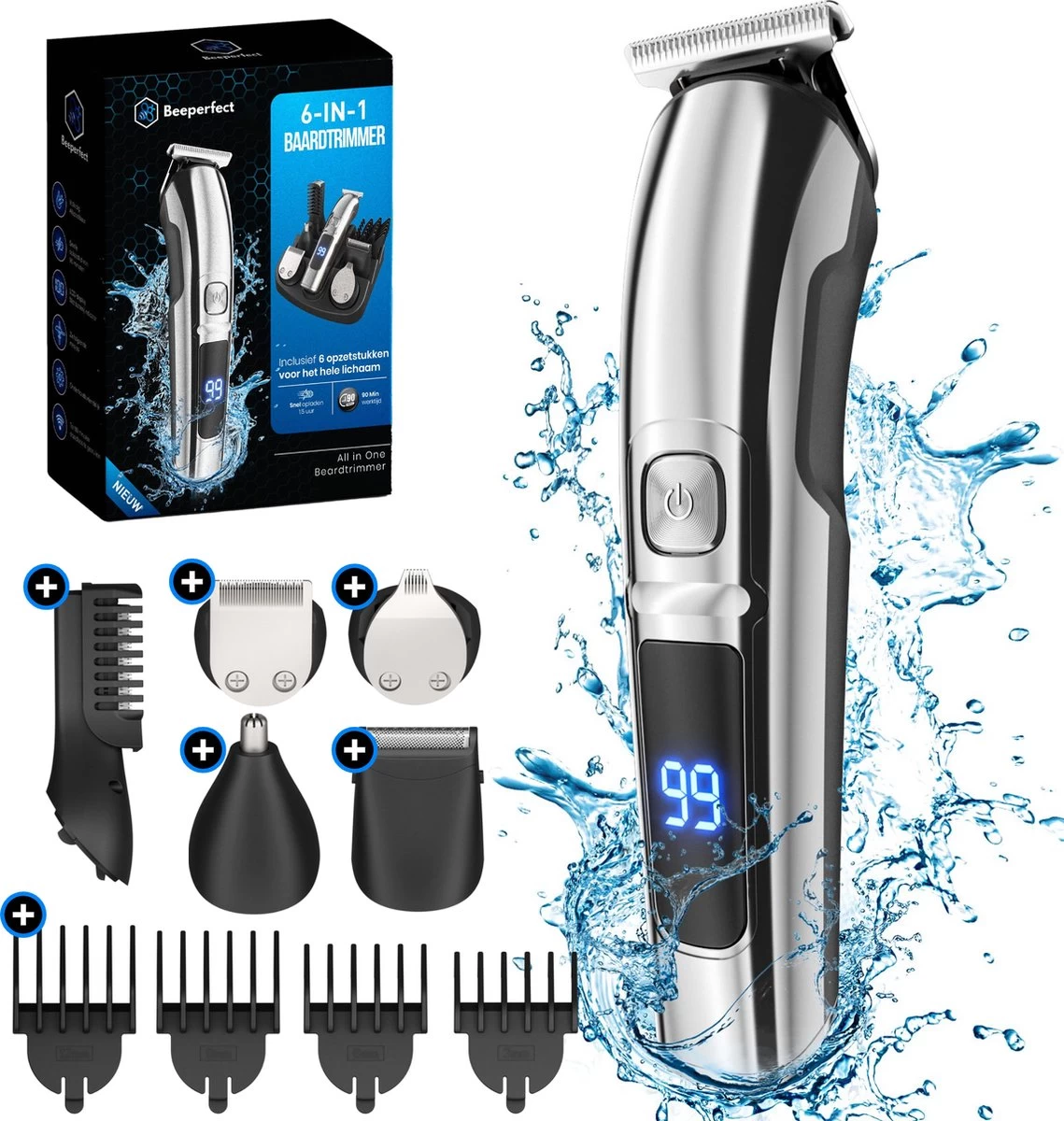 Beeperfect® 6 In 1 Baardtrimmer Voor Mannen - Trimmer - Bodygroomer - Neus En Oor Trimmer - IPX6 Waterdicht - 6 Opzetstukken