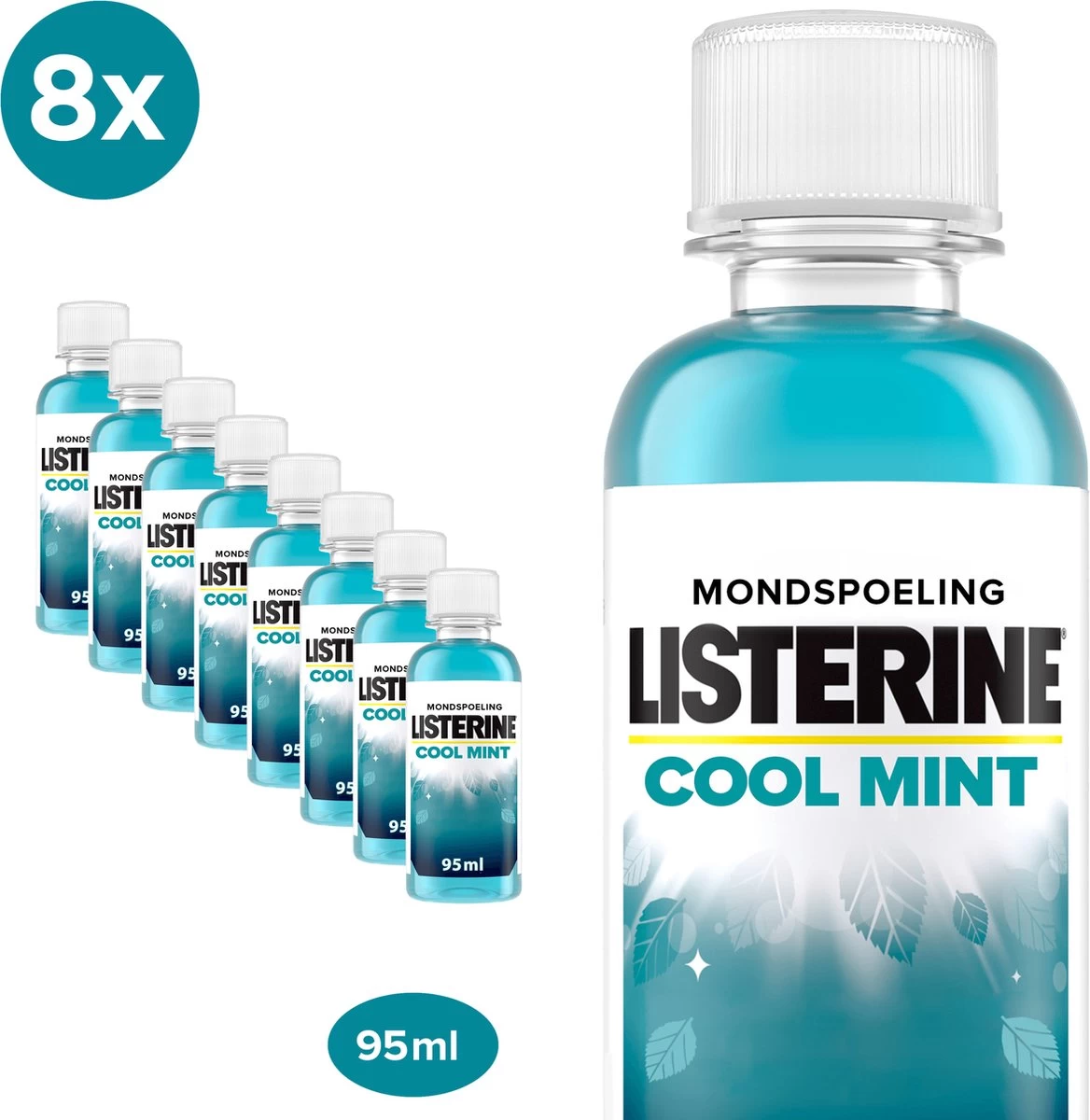 Listerine Cool Mint Mondwater, Mondspoeling Met Intens Frisse Muntsmaak, Bestrijdt Schadelijke Bacteriën Voor Gezond Tandvlees, 8 X 95 Ml