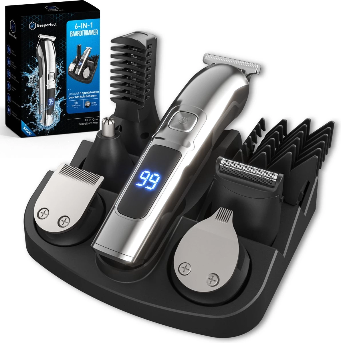 Beeperfect® 6 In 1 Baardtrimmer Voor Mannen - Trimmer - Bodygroomer - Neus En Oor Trimmer - IPX6 Waterdicht - 6 Opzetstukken - Afbeelding 9