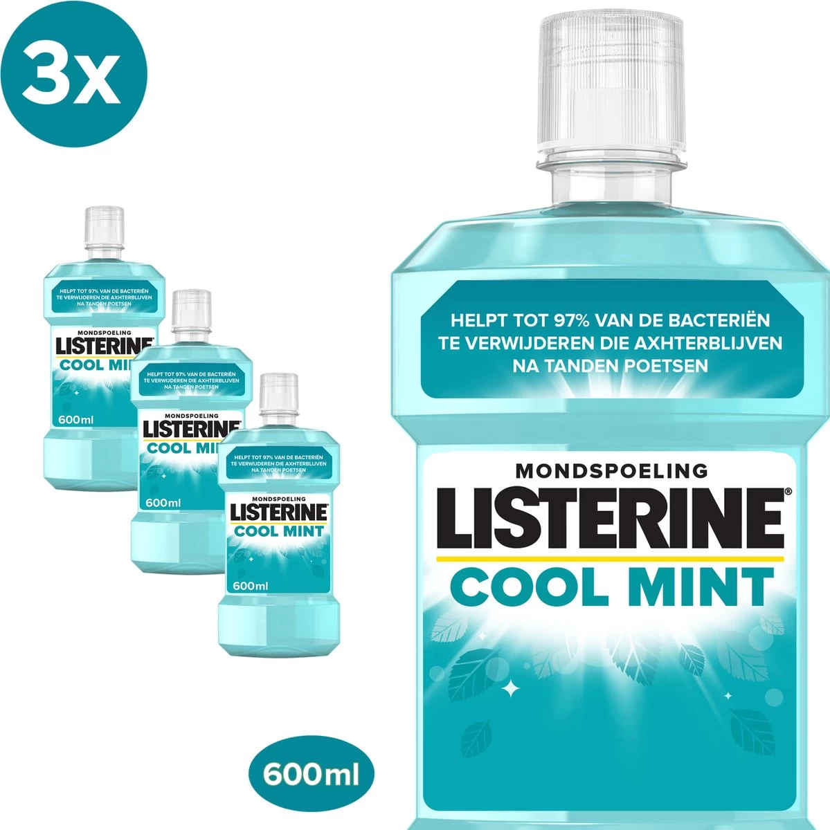 LISTERINE® Fresh Mint, Mondspoeling Met Essentiële Oliën Voor Een Langdurig Frisse Adem, 3x600ml