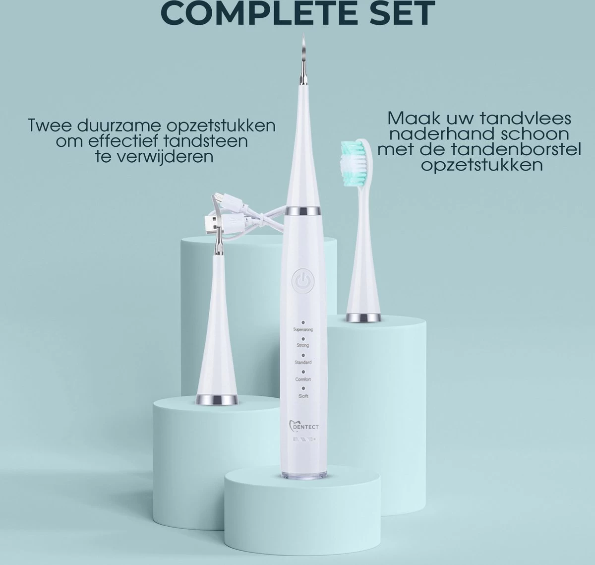 Merkloos Tandsteen Verwijderaar Elektrisch – Tandenborstel Opzetstukken - Tandarts Spiegel - 5 Standen -Wit - Afbeelding 3
