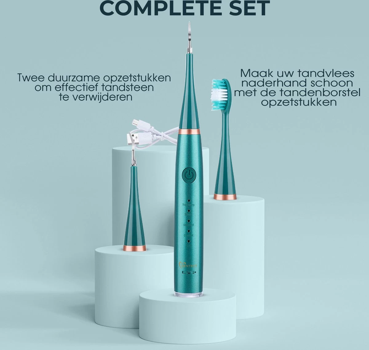 Merkloos Tandsteen Verwijderaar Elektrisch Dentect – Tandenborstel Opzetstukken - Tandarts Spiegel - 5 Standen - Groen - Afbeelding 6