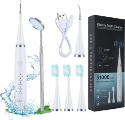 Merkloos Tandsteen Verwijderaar Elektrisch – Tandenborstel Opzetstukken - Tandarts Spiegel - 5 Standen -Wit