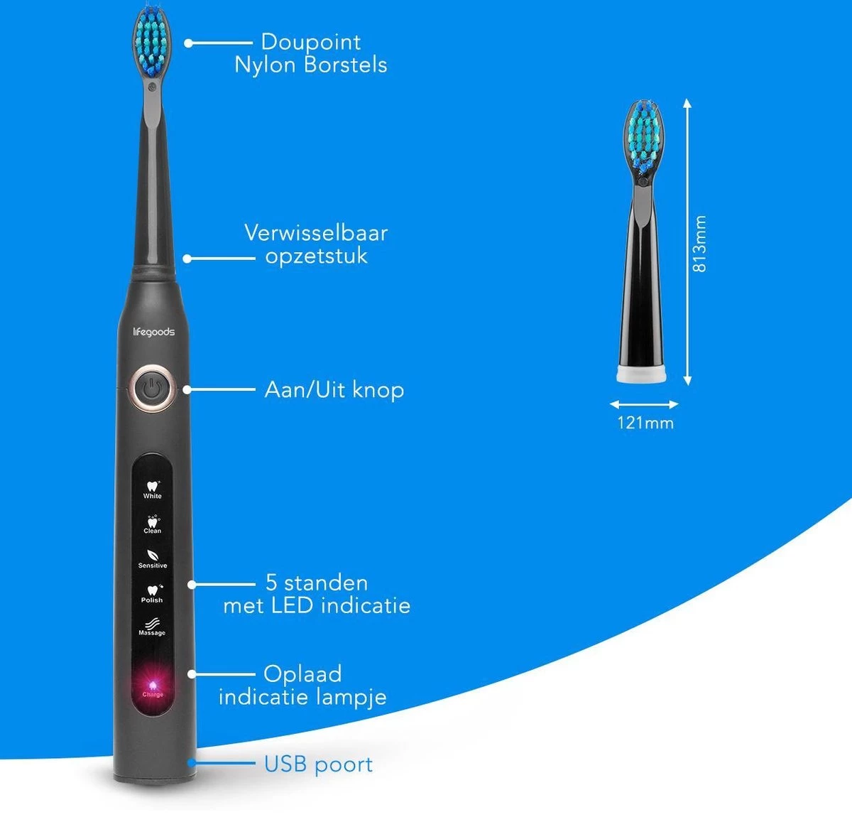LifeGoods Elektrische Tandenborstel - Oplaadbaar - Veilig Voor Douche - 4 Opzetborstels - Zwart - Afbeelding 2