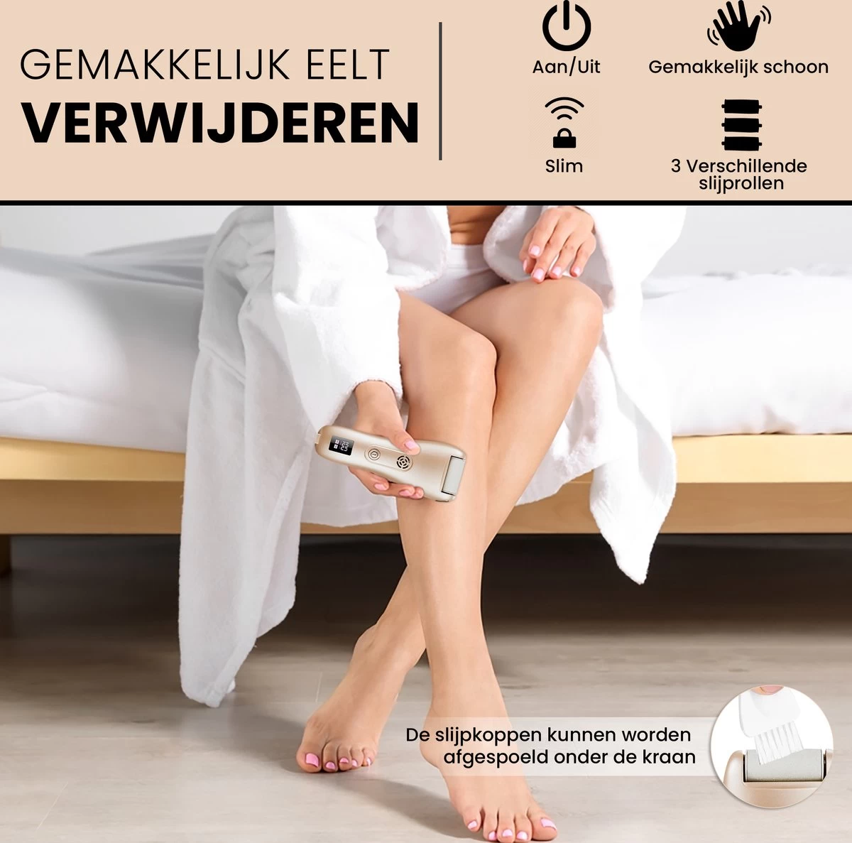 BAESS Elektrische Eeltverwijderaar - 3 Slijprollen - Afzuiging - Oplaadbaar - Goud - Afbeelding 4