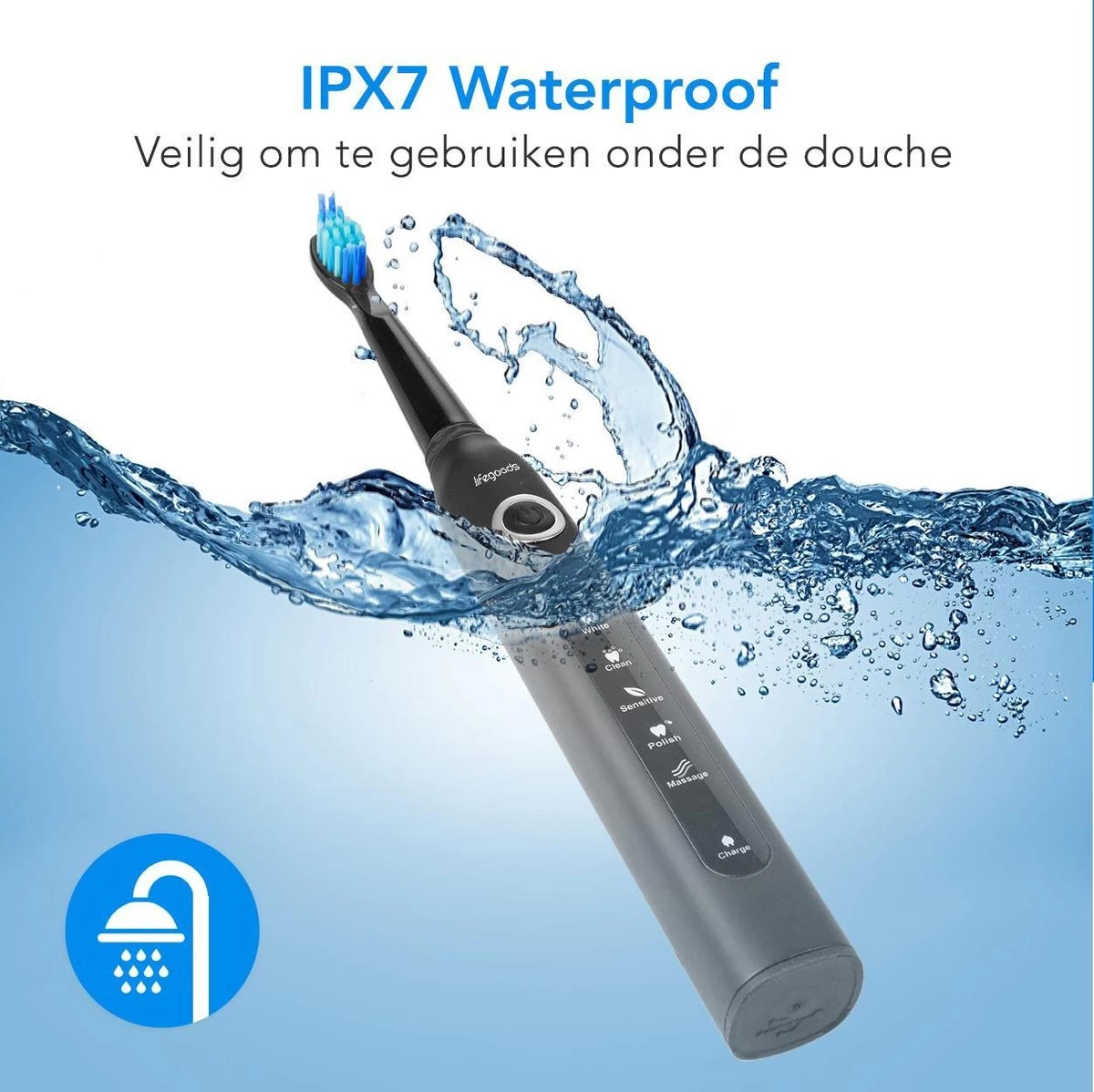 LifeGoods Elektrische Tandenborstel - Oplaadbaar - Veilig Voor Douche - 4 Opzetborstels - Zwart - Afbeelding 6