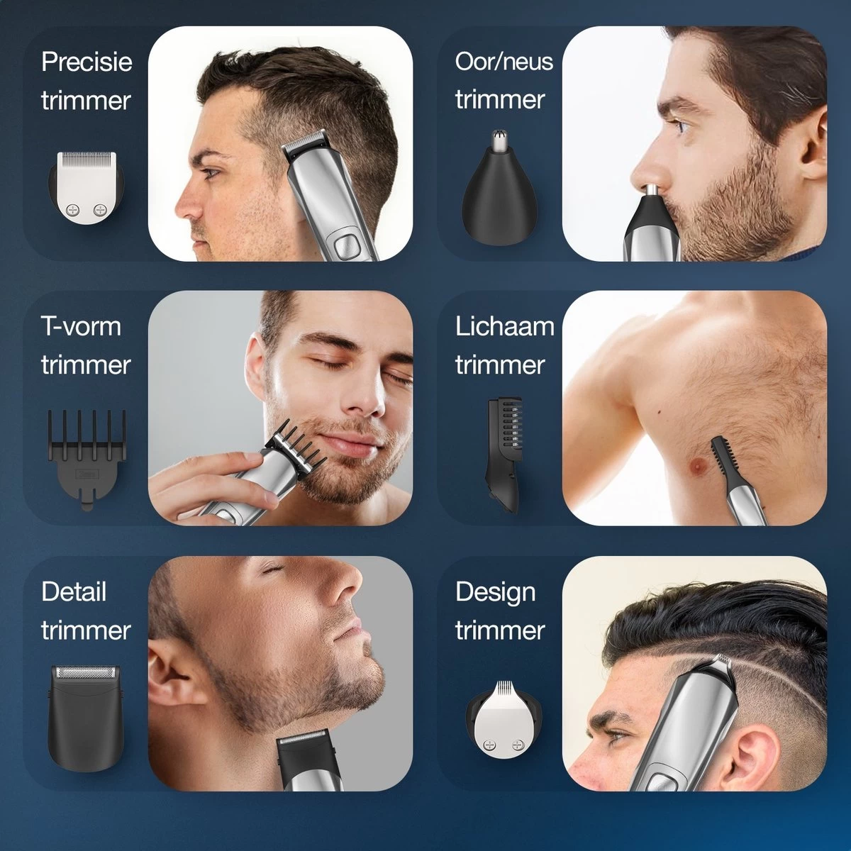 Beeperfect® 6 In 1 Baardtrimmer Voor Mannen - Trimmer - Bodygroomer - Neus En Oor Trimmer - IPX6 Waterdicht - 6 Opzetstukken - Afbeelding 3