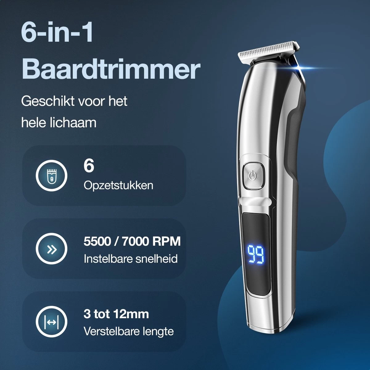 Beeperfect® 6 In 1 Baardtrimmer Voor Mannen - Trimmer - Bodygroomer - Neus En Oor Trimmer - IPX6 Waterdicht - 6 Opzetstukken - Afbeelding 5