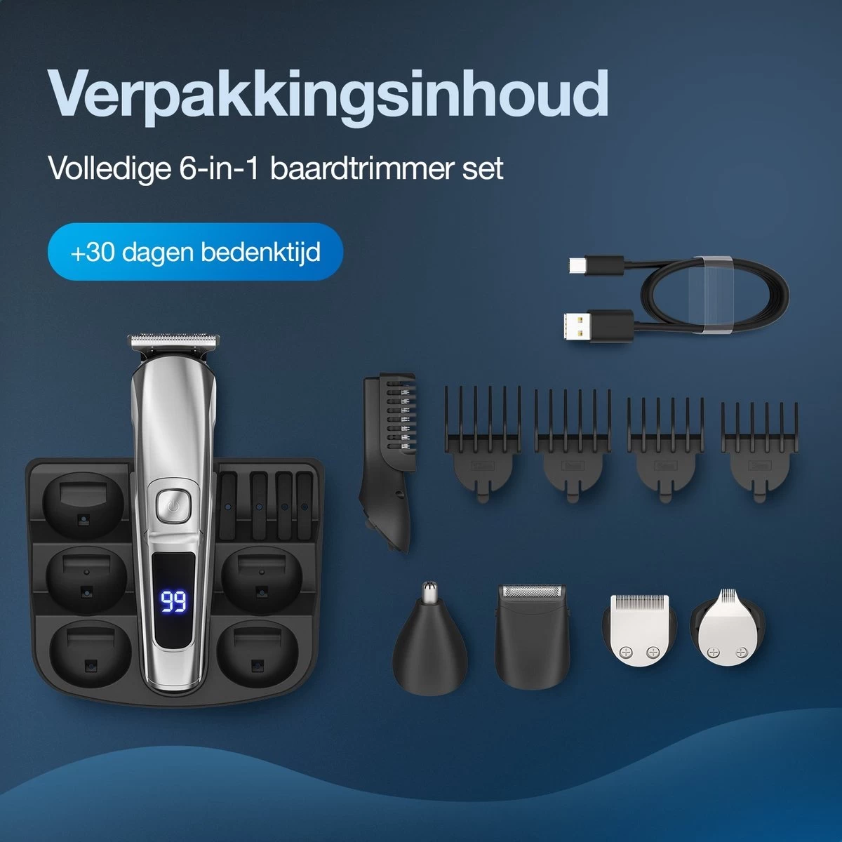 Beeperfect® 6 In 1 Baardtrimmer Voor Mannen - Trimmer - Bodygroomer - Neus En Oor Trimmer - IPX6 Waterdicht - 6 Opzetstukken - Afbeelding 8