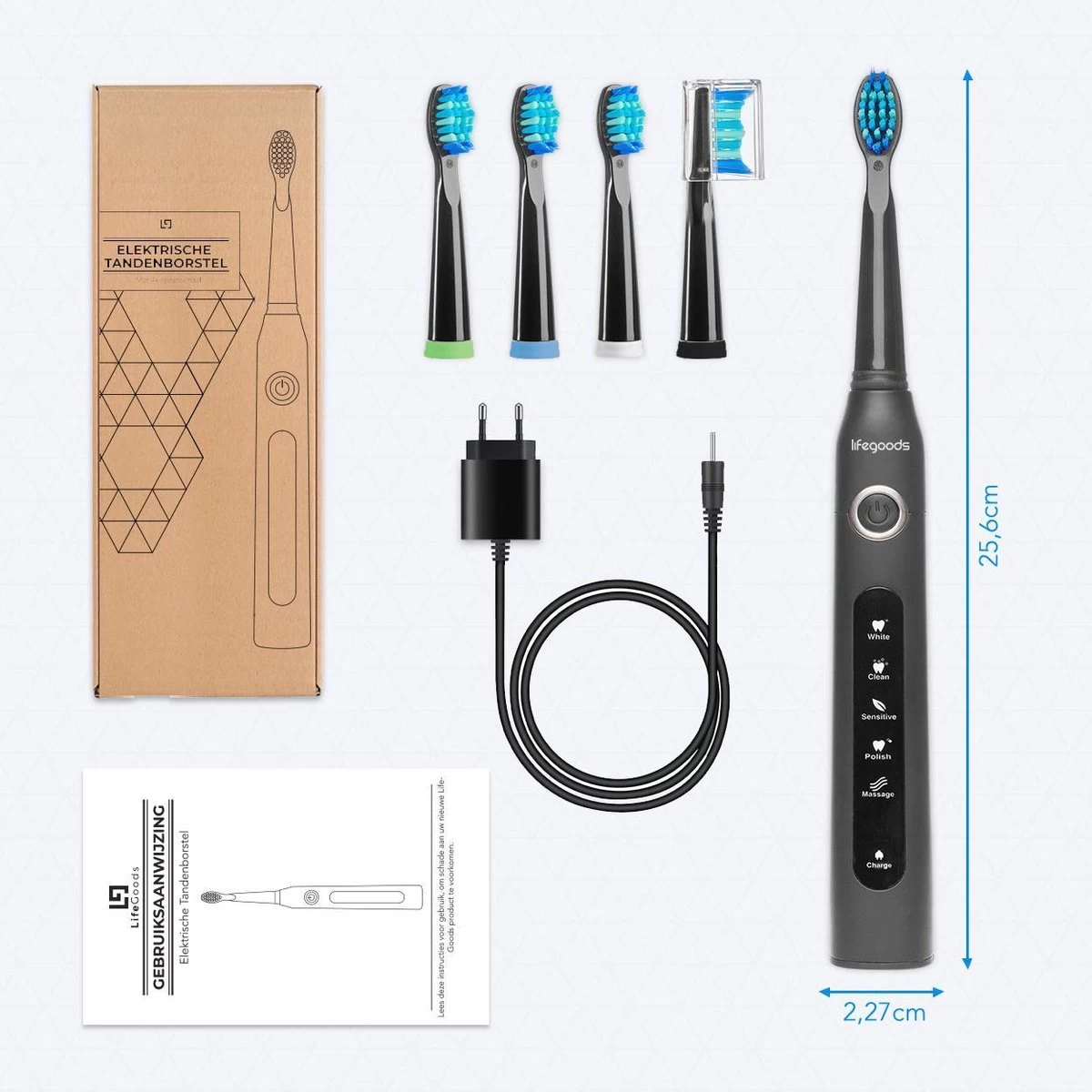 LifeGoods Elektrische Tandenborstel - Oplaadbaar - Veilig Voor Douche - 4 Opzetborstels - Zwart - Afbeelding 3