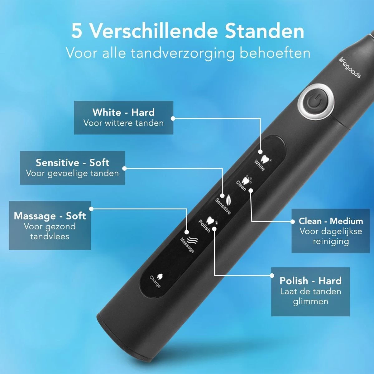 LifeGoods Elektrische Tandenborstel - Oplaadbaar - Veilig Voor Douche - 4 Opzetborstels - Zwart - Afbeelding 4