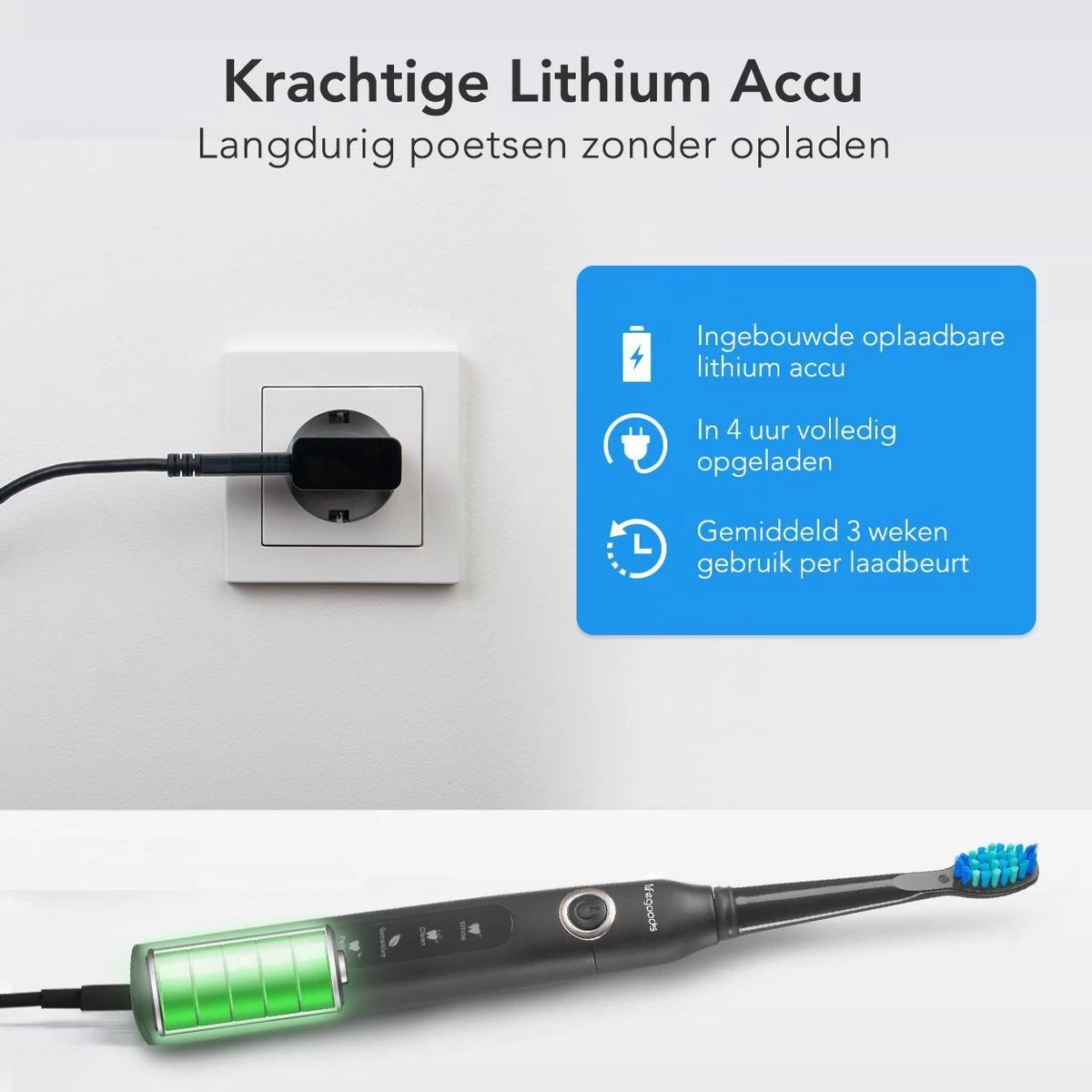 LifeGoods Elektrische Tandenborstel - Oplaadbaar - Veilig Voor Douche - 4 Opzetborstels - Zwart - Afbeelding 5
