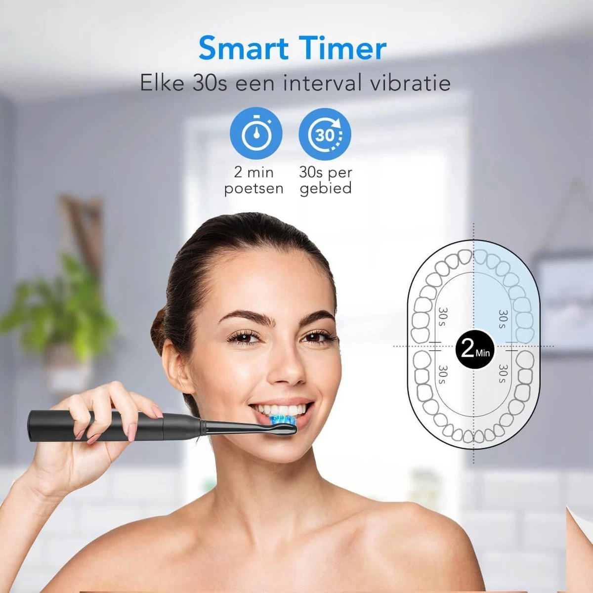 LifeGoods Elektrische Tandenborstel - Oplaadbaar - Veilig Voor Douche - 4 Opzetborstels - Zwart - Afbeelding 9