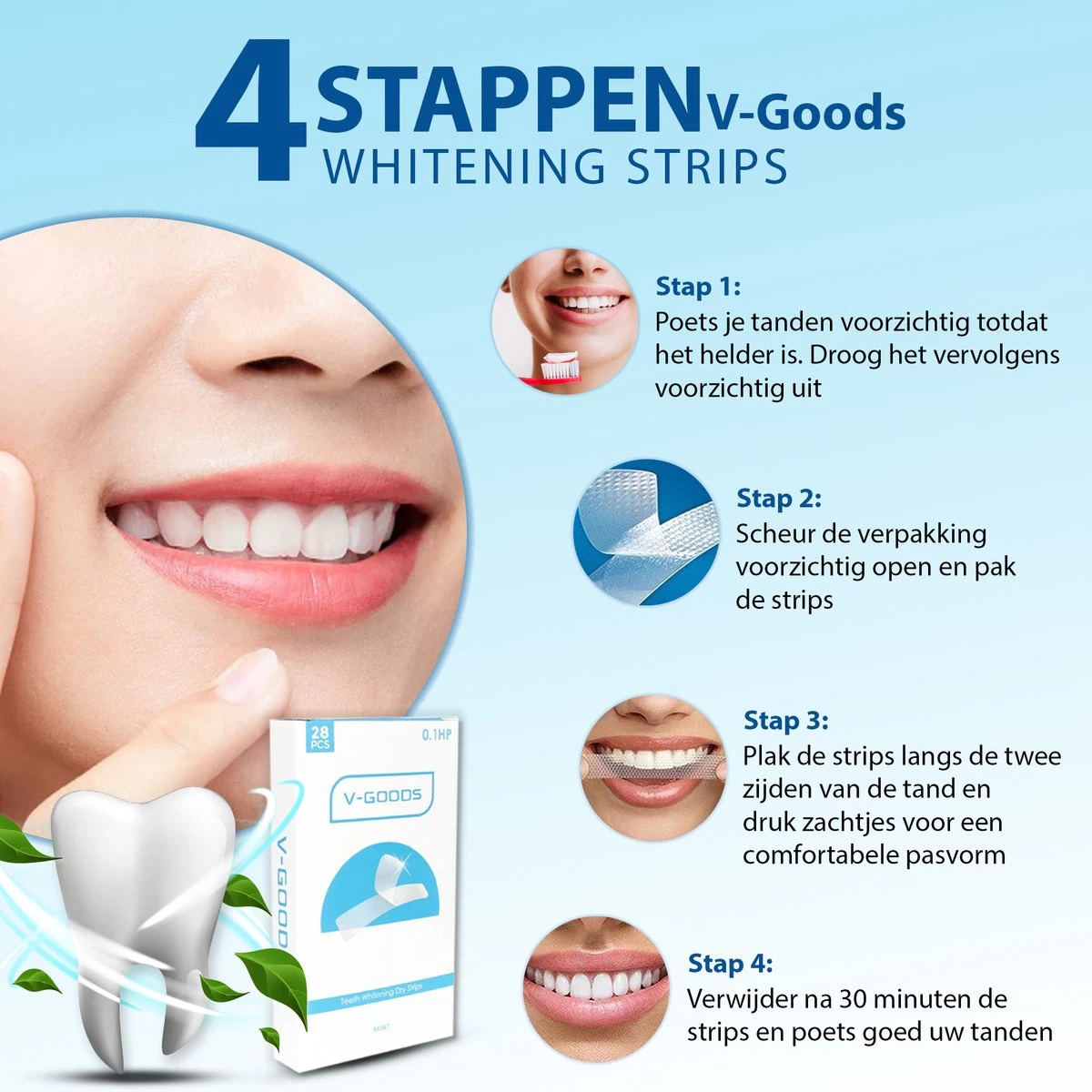 V-Goods Premium Whitening Strips - Tandenbleek Strips - Wittere Tanden - 28x Tandenbleek Strips DIRECT Resultaat - Tandenbleekset - Whitening - Tandenblekers - Afbeelding 3