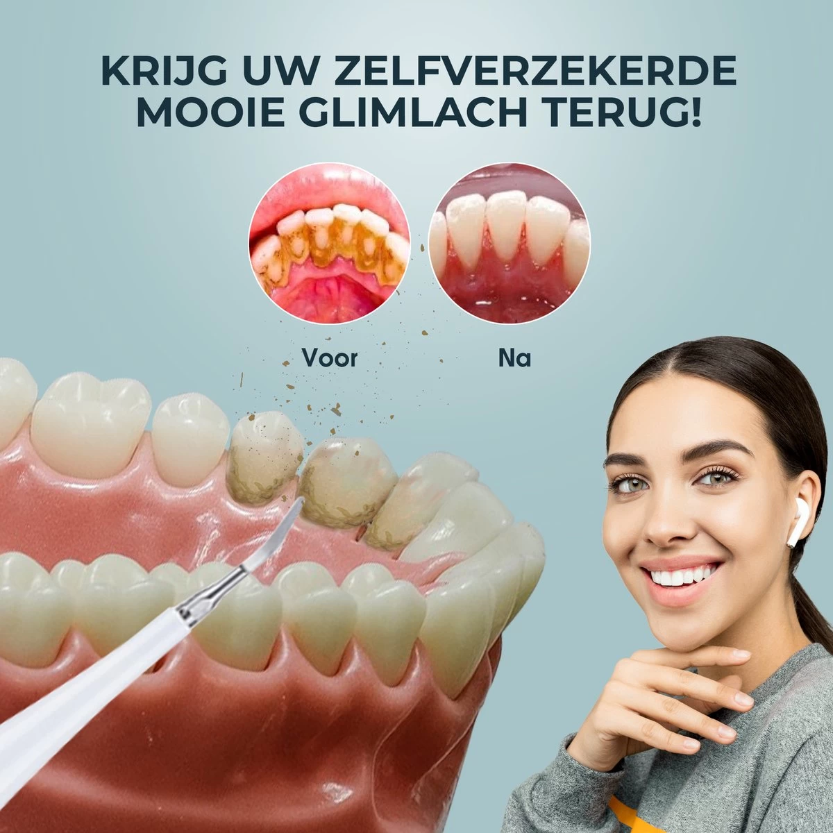 Merkloos Tandsteen Verwijderaar Elektrisch – Tandenborstel Opzetstukken - Tandarts Spiegel - 5 Standen -Wit - Afbeelding 5