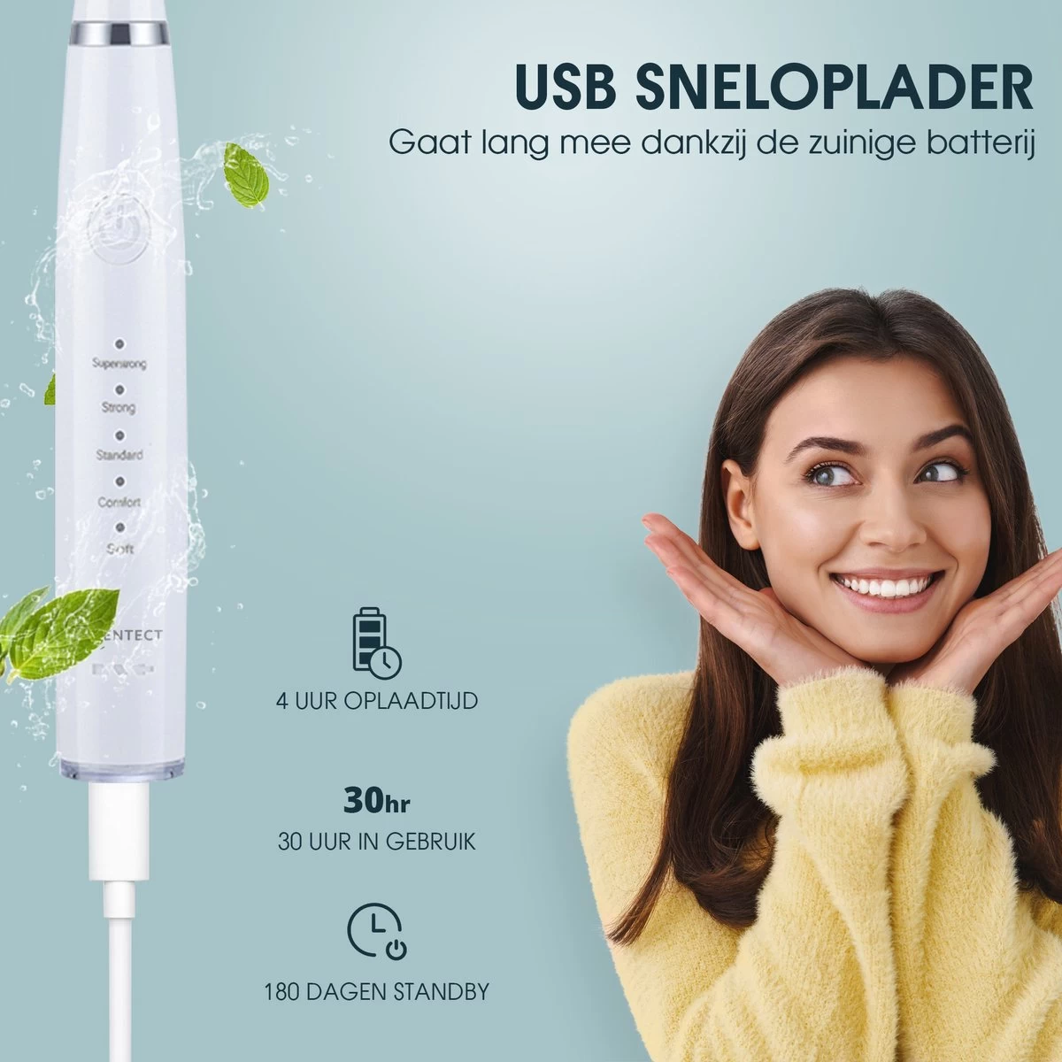 Merkloos Tandsteen Verwijderaar Elektrisch – Tandenborstel Opzetstukken - Tandarts Spiegel - 5 Standen -Wit - Afbeelding 7