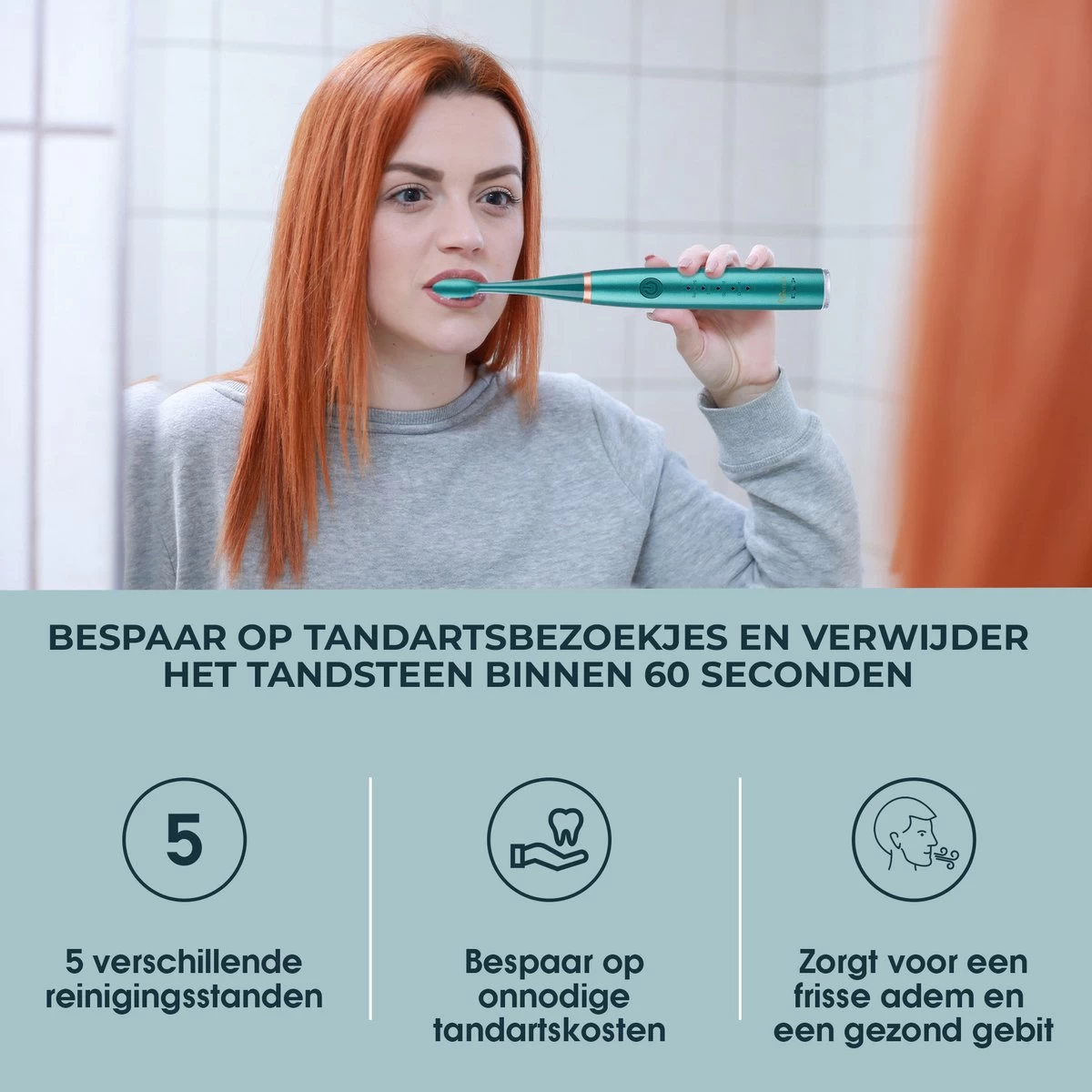 Merkloos Tandsteen Verwijderaar Elektrisch Dentect – Tandenborstel Opzetstukken - Tandarts Spiegel - 5 Standen - Groen - Afbeelding 7