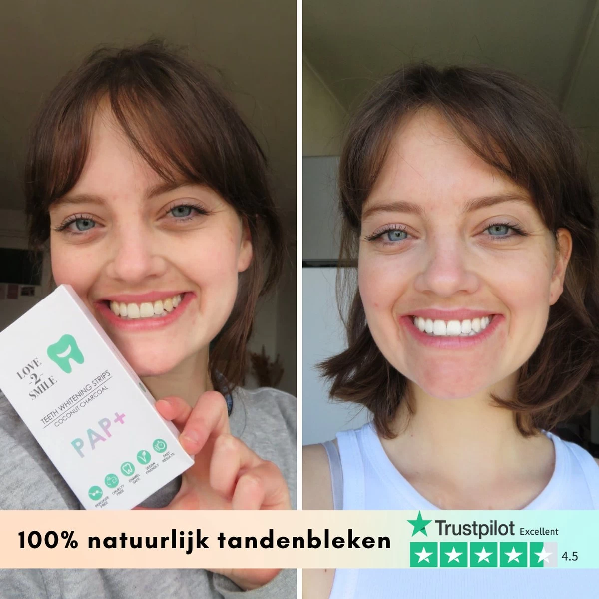 Love2smile PAP+ Premium Strips - Whitening Strips - De Natuurlijke Tandenbleker Van Nederland & België - Goedgekeurde Tandenbleek Strips - Teeth Whitening Strips - Wittere Tanden - Zonder Peroxide - Afbeelding 3