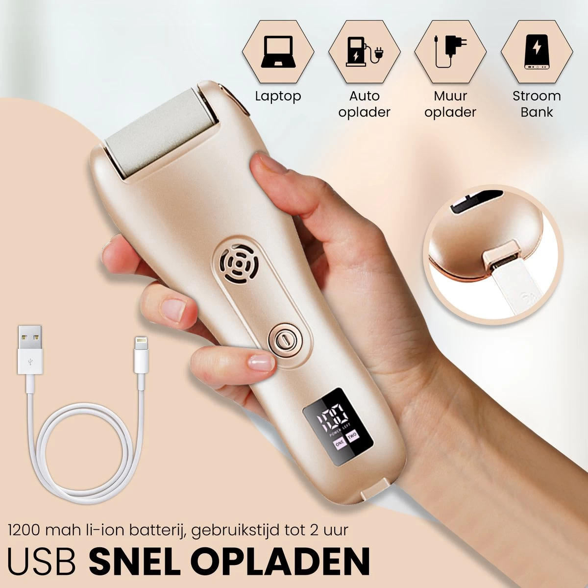 BAESS Elektrische Eeltverwijderaar - 3 Slijprollen - Afzuiging - Oplaadbaar - Goud - Afbeelding 3