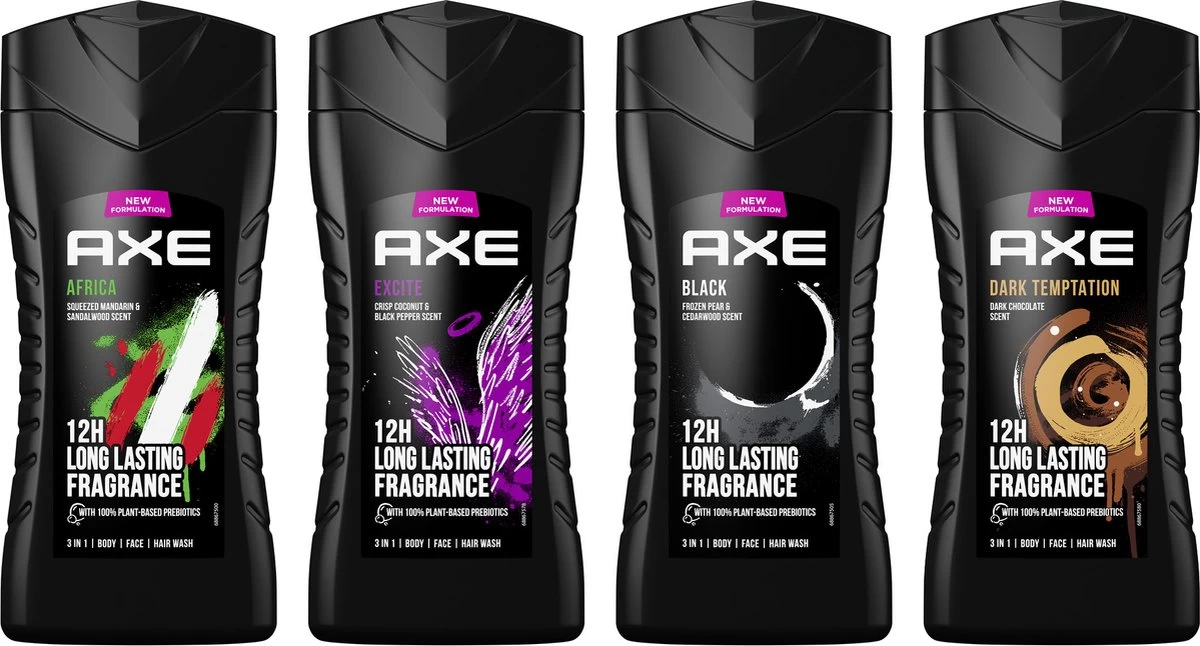 Axe Africa + Black + Dark Temptation + Excite 3-in-1 Douchegels - 4 X 250 Ml - Voordeelverpakking - Afbeelding 2