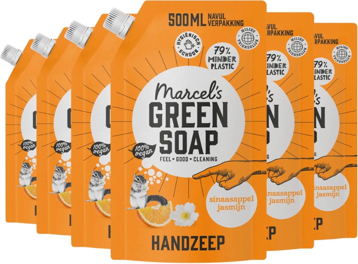 Marcel's Green Soap Handzeep Sinaasappel & Jasmijn Navulling - 6 X 500 Ml