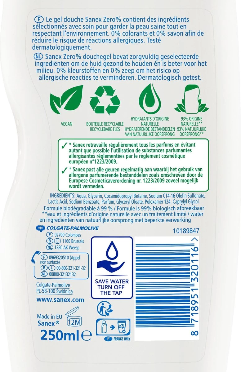 Sanex Zero% Droge Huid Douchegel - 6 X 250ml - Voordeelverpakking - Afbeelding 3