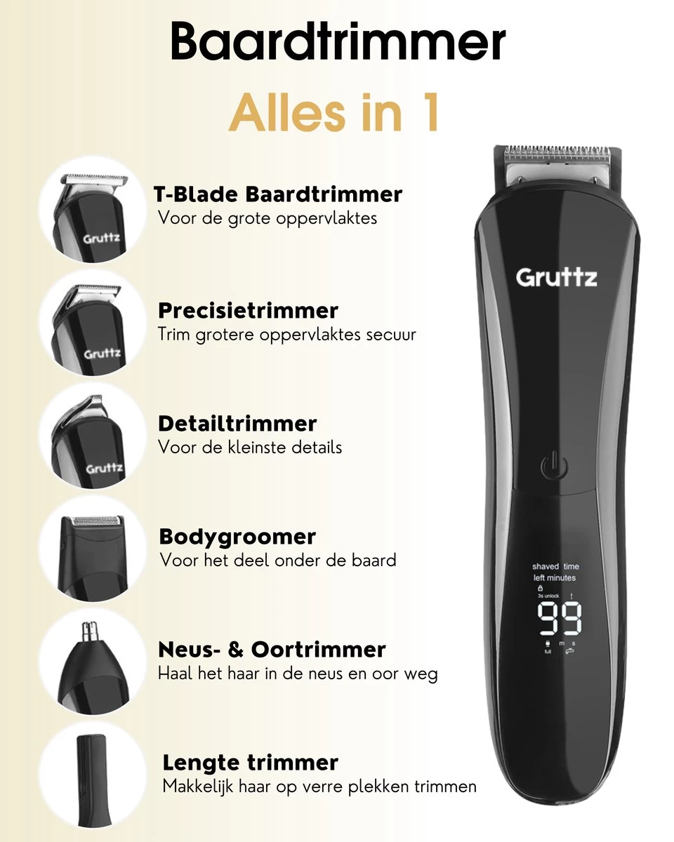 Gruttz - 11 In 1 Baardtrimmer Voor Mannen - Inclusief Reistas - Trimmer Baard Neus Oor En Lichaam - Bodygroomer Mannen - Afbeelding 3